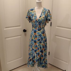 New!ANNA KAY Blue and Orange Floral Wrap Dress Flutter Short Sleeves Cottage Cor